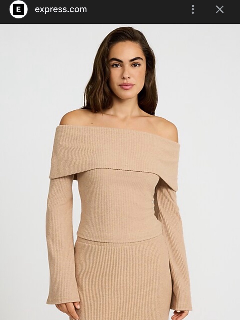 Express Ribbed Off-Shoulder Skirt Set In Beige